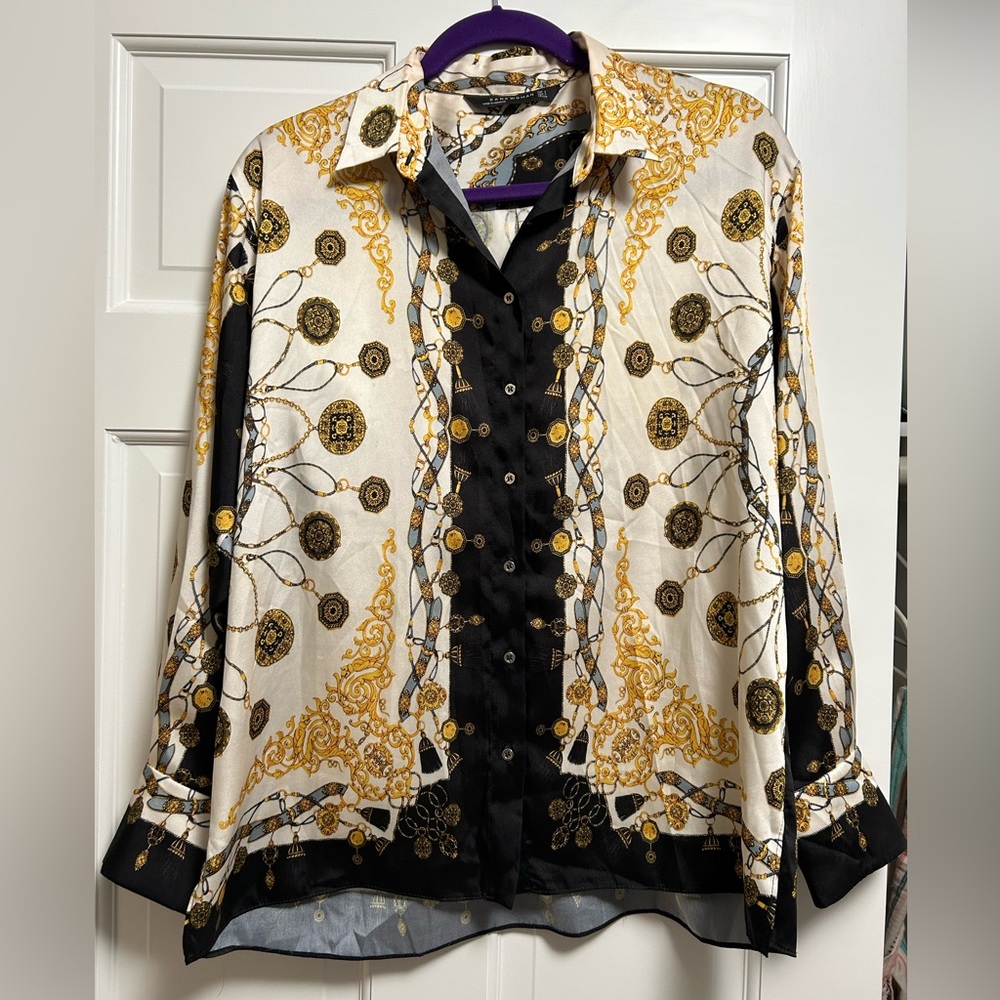 Designer inspired button down blouse from Zara, black and yellow, size small